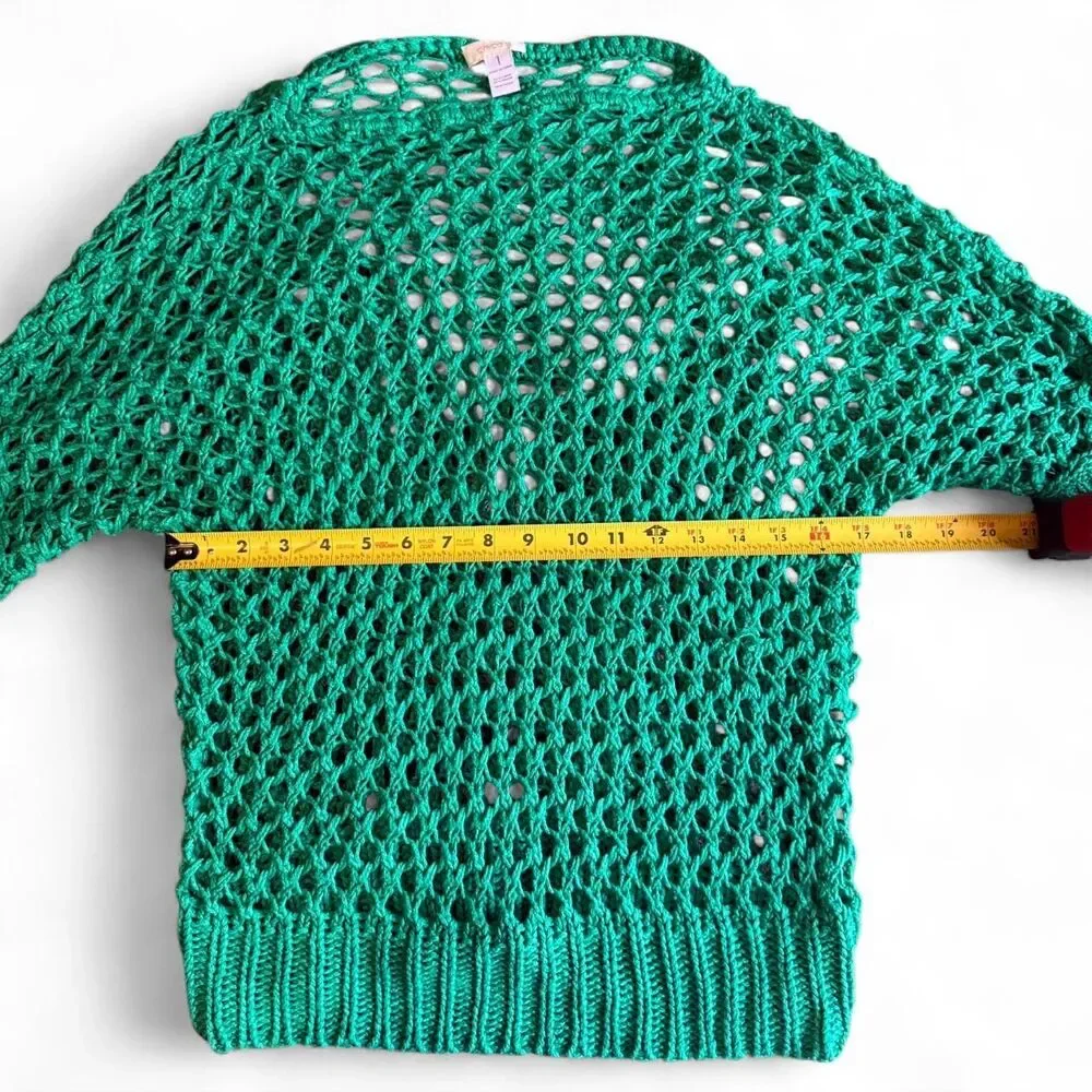 Chico's Open Knit Crochet Sweater Green Linen Blend Mesh Net Pullover Size 1 M/L